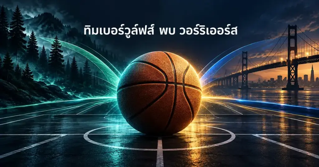 ภาพกราฟิกลูกบาสเกตบอลกลางสนามพร้อมแสงสีเขียวและสีน้ำเงินทอง โดยมีป่าสนและสะพานเป็นฉากหลัง สื่อถึงคู่ดวลทิมเบอร์วูล์ฟส์ พบ วอร์ริเออร์ส